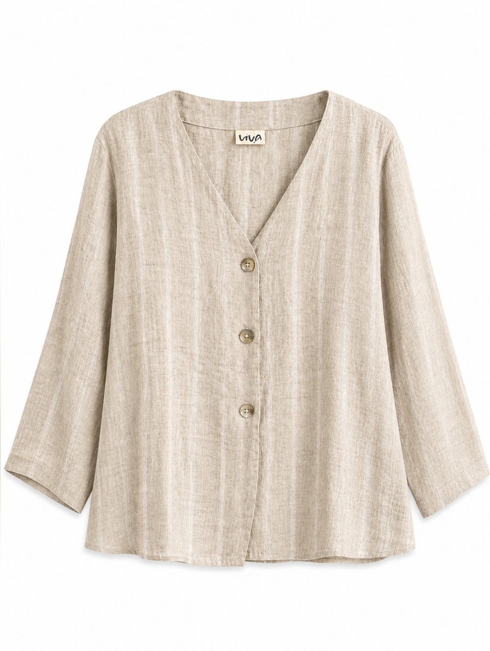 Vintage VIVA 100% Flax Linen Top, L,  Neutral Striped Button Front Coastal